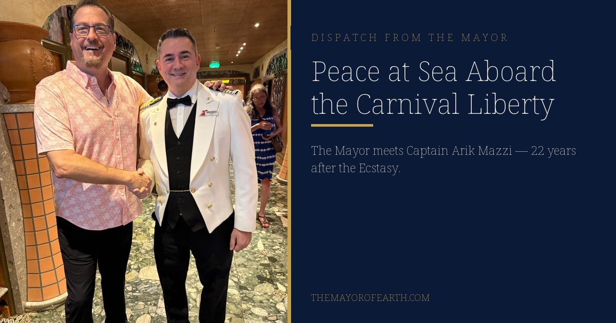 Vintage campaign card: the Mayor of Earth shakes hands with Captain Arik Mazzi aboard the Carnival Liberty
