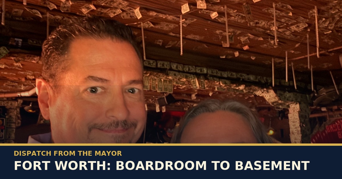 Dispatch card featuring James Menefee and the Mayor of Earth at The Basement Bar in the Fort Worth Stockyards