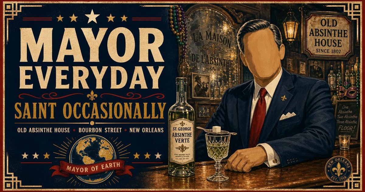 Dispatch card: The Mayor of Earth at the Old Absinthe House on Bourbon Street, New Orleans, with St. George Absinthe